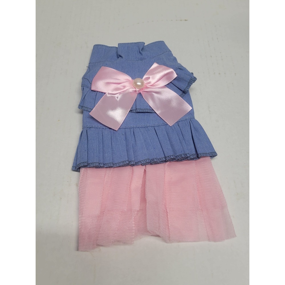 Blue Denim and Pink Tulle Pet Dress with Satin Bow and Pearl Accent Size S